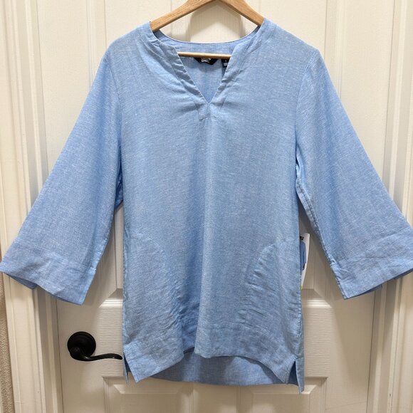 New Lands’ End Women's Linen Blend Tunic Top Size L Blue Coastal Cottagecore - Picture 1 of 14